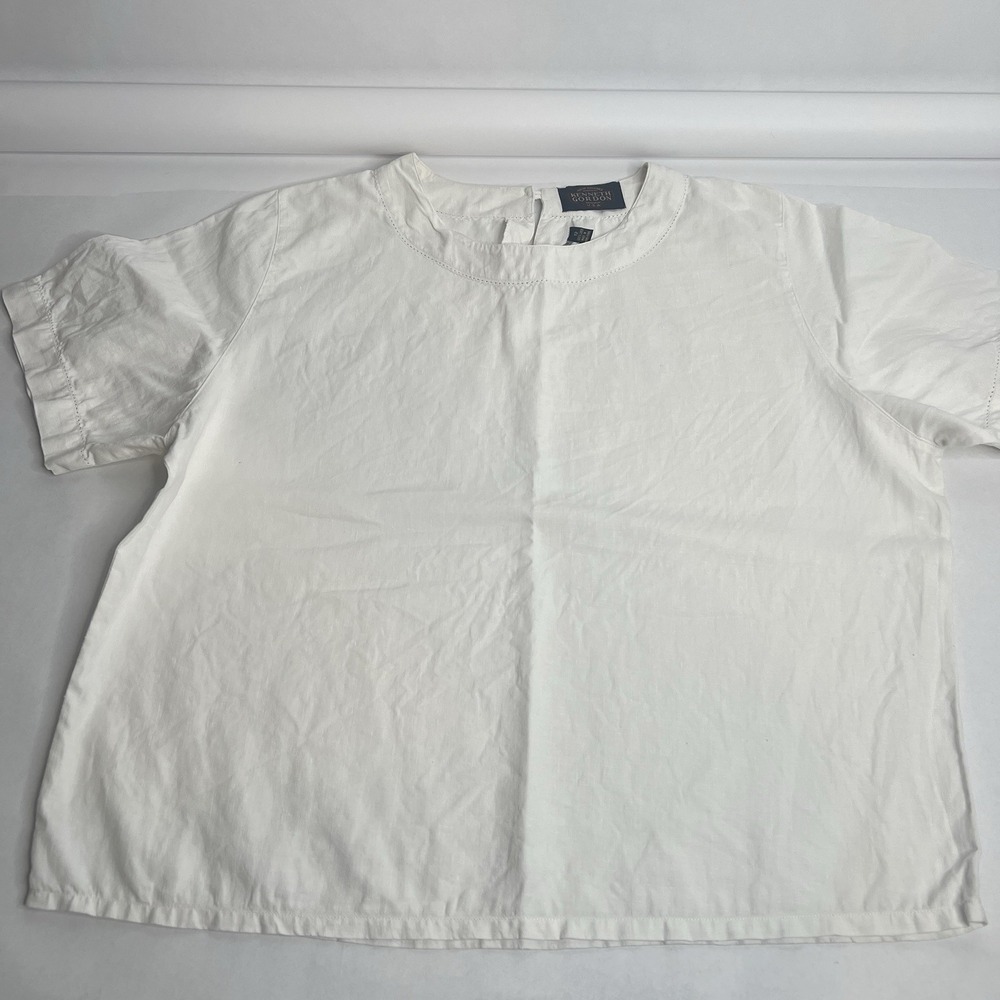 Vtg 100% Linen White Top Kenneth Gordon Women's 12 Short Sleeve Blouse Tunic